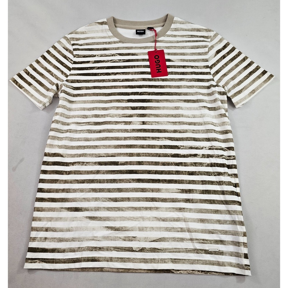 Hugo Boss Striped T-Shirt Dress Womens L Beige White Cotton Crew Neck TIRCH